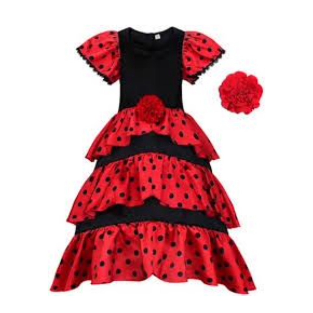 NWT Girls Spanish Flamenco Costume Dress Red Black Polka Dot Tiered Ruffle 3/4T